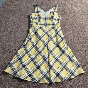 Jones New York Dress Womens 16 Yellow Plaid Sleeveless Fit Flare Summer Midi Zip